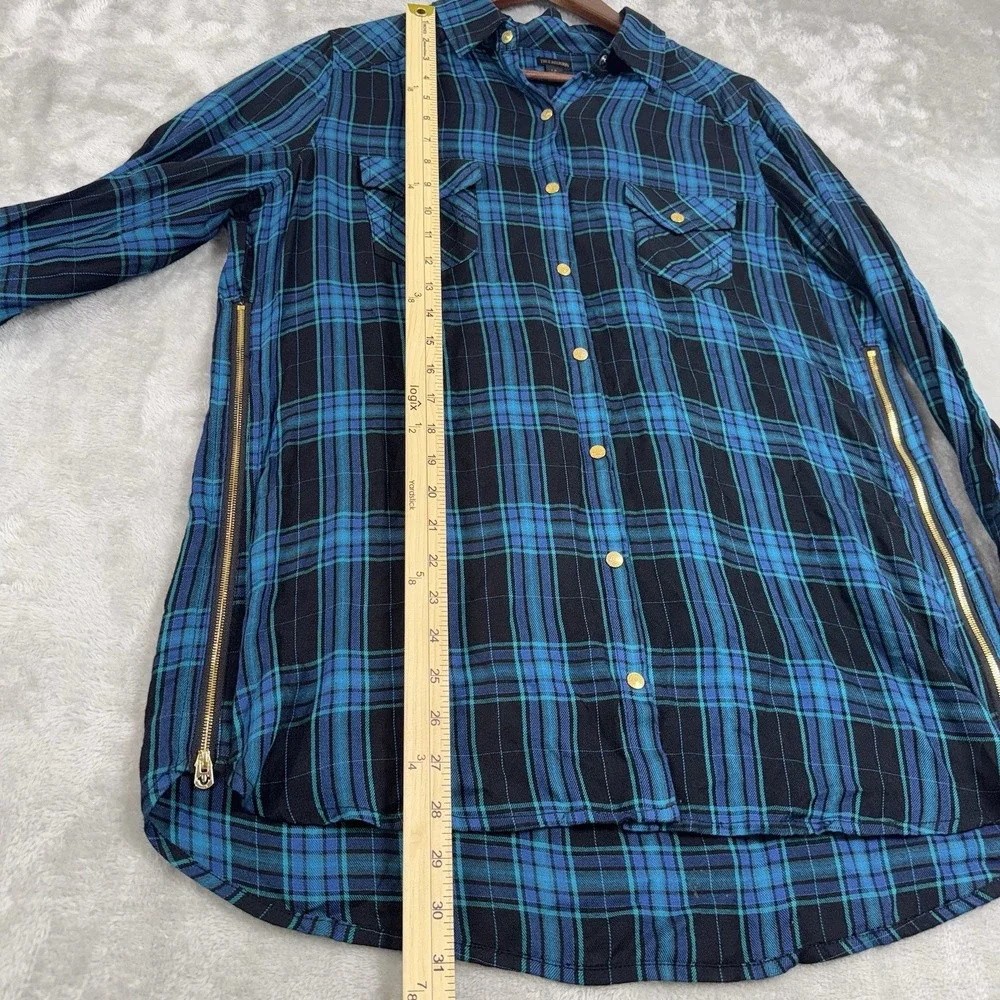 True Religion Plaid Top Logo Black Aqua‎ Blue Tunic Zip Women's Size Large Snaps